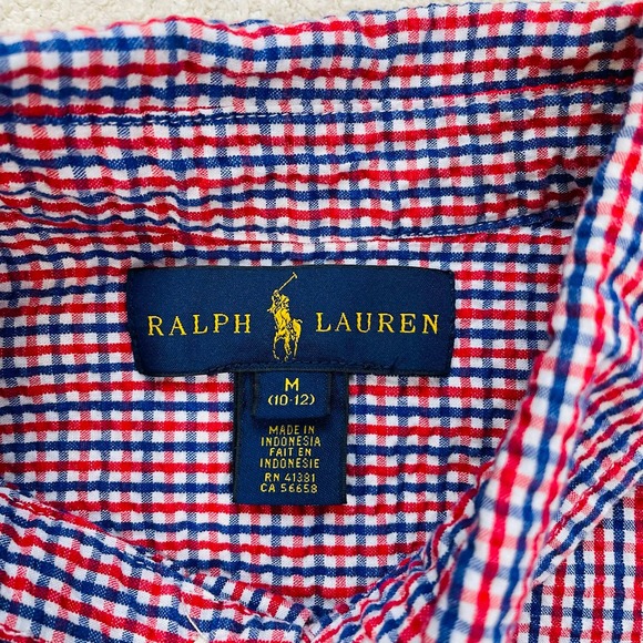 Ralph Lauren Boys Gingham Seersucker Shirt Red White Blue Short Sleeve M 10-12 - Picture 4 of 8
